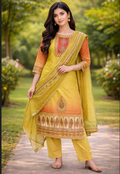 Mustard & Sunset Orange Ombre Salwar Suit Set with Embroidered Neckline