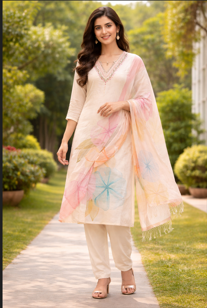 Ivory Blossom Organza Suit Set with Hand-Painted Floral Accents & V-Neck Embroidery