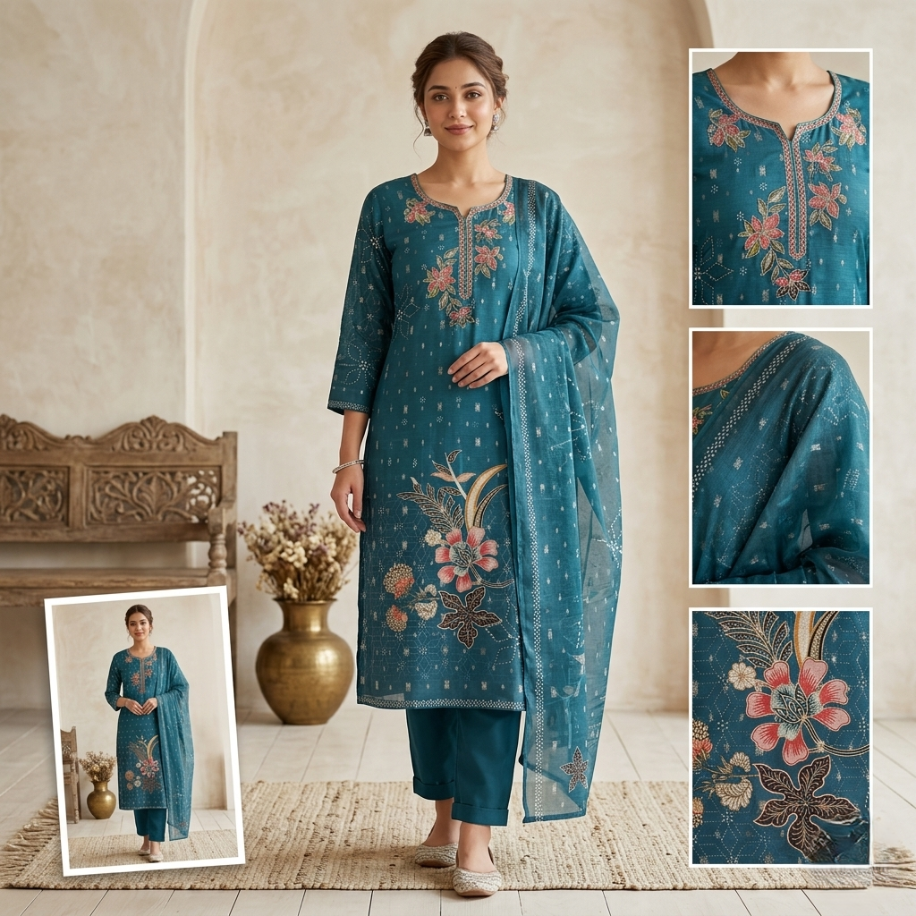 Elegant Teal Blue Floral Embroidered Silk Salwar Kameez Set