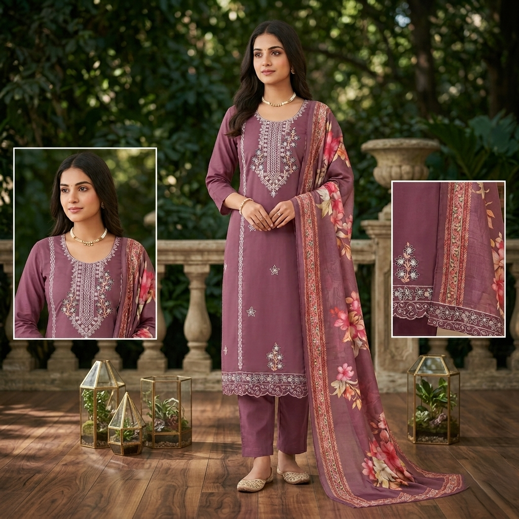 Graceful Mauve Silk Salwar Kameez with Floral Digital Print Dupatta