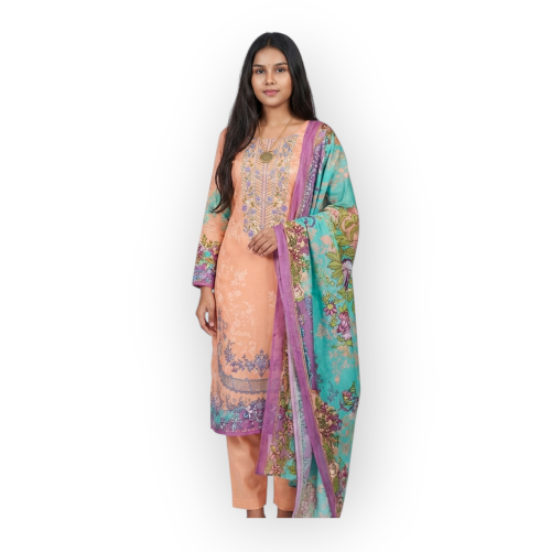 Peach Blossom Elegance – Embroidered Kurti Set with Floral Dupatta