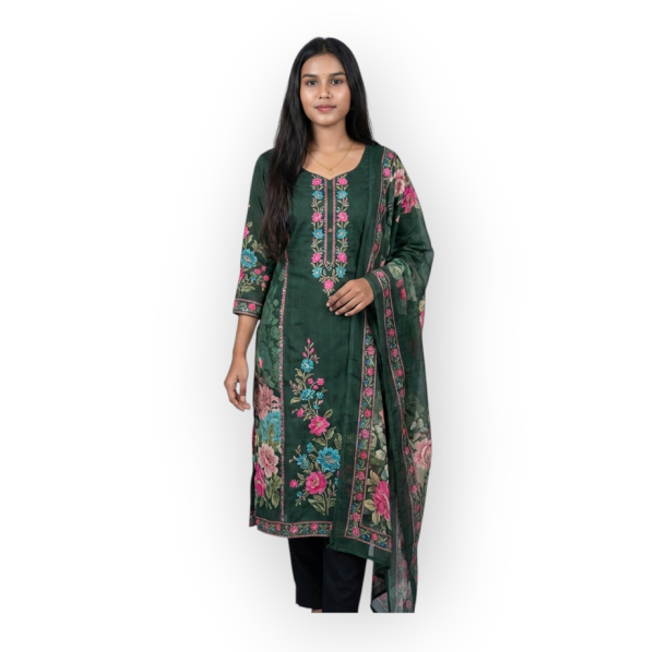 Emerald Bloom Grace – Floral Embroidered Kurti Set with Dupatta
